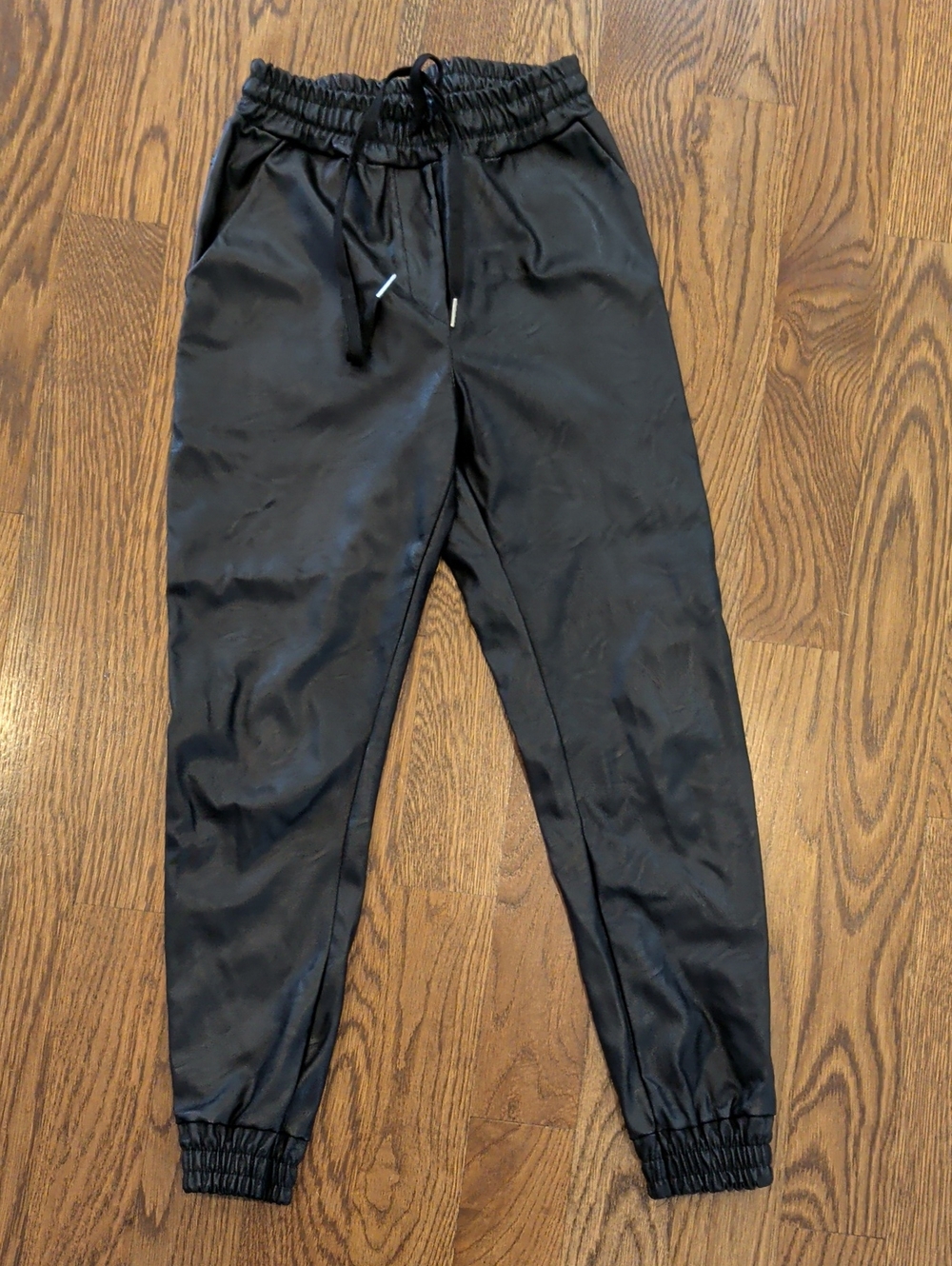 Women's Black Pleather Jogger Pants with Elastic Cuffs